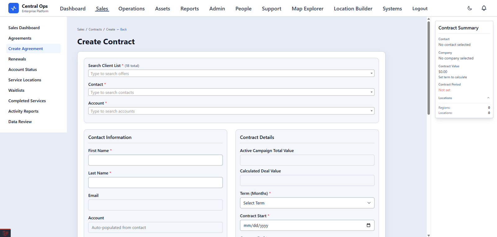 Central Ops sales and contract management interface