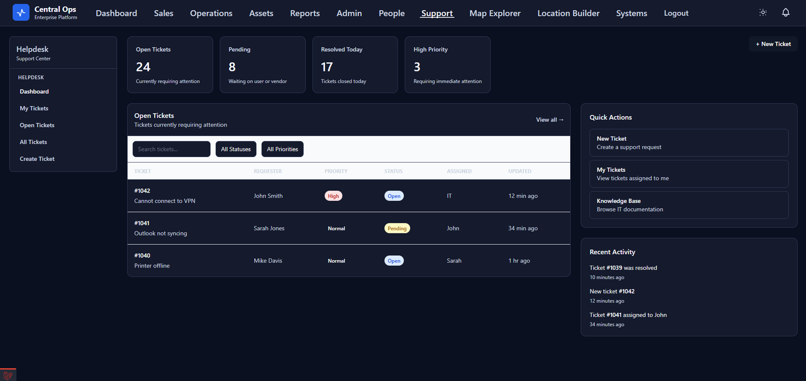 Central Ops Helpdesk dark theme