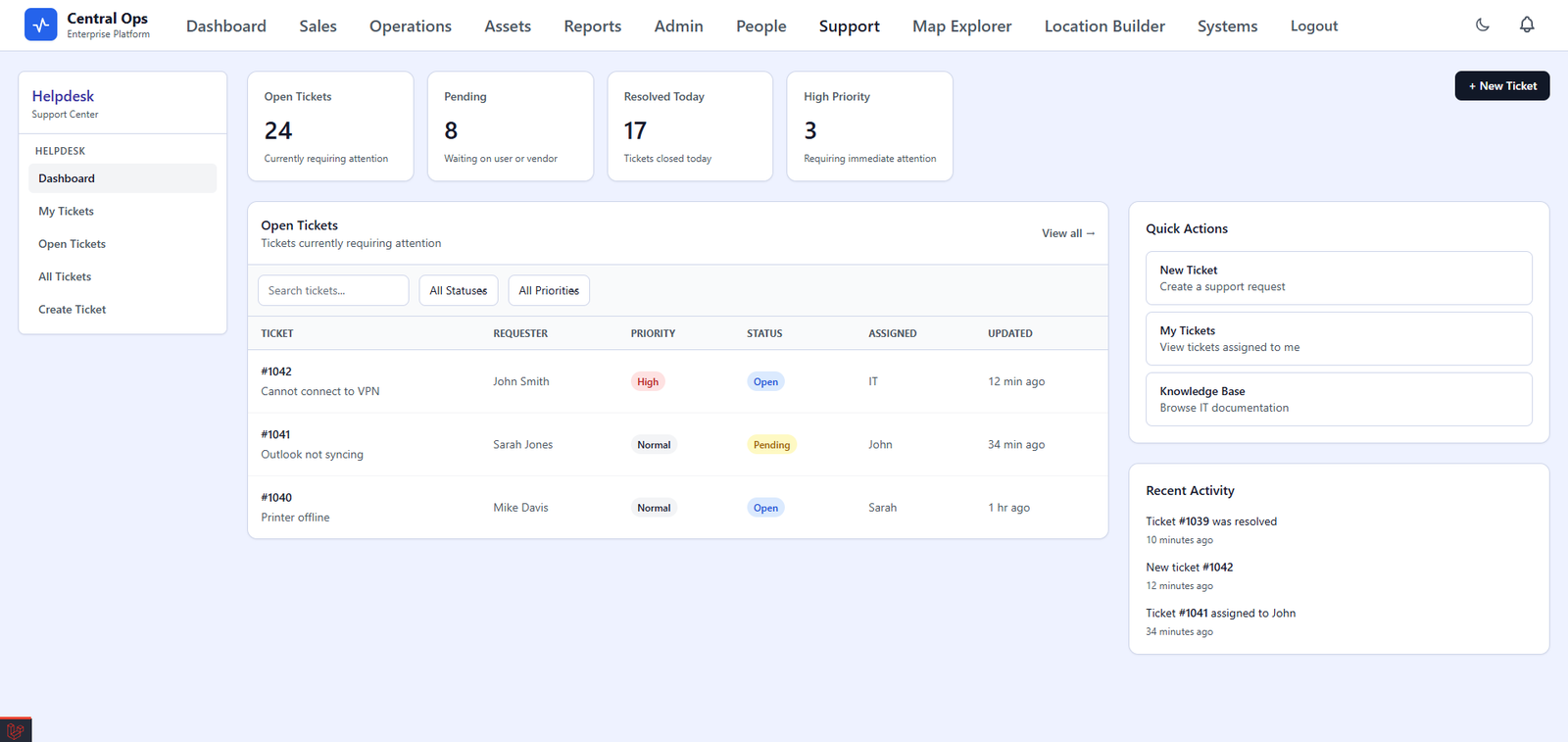 Central Ops Helpdesk light theme
